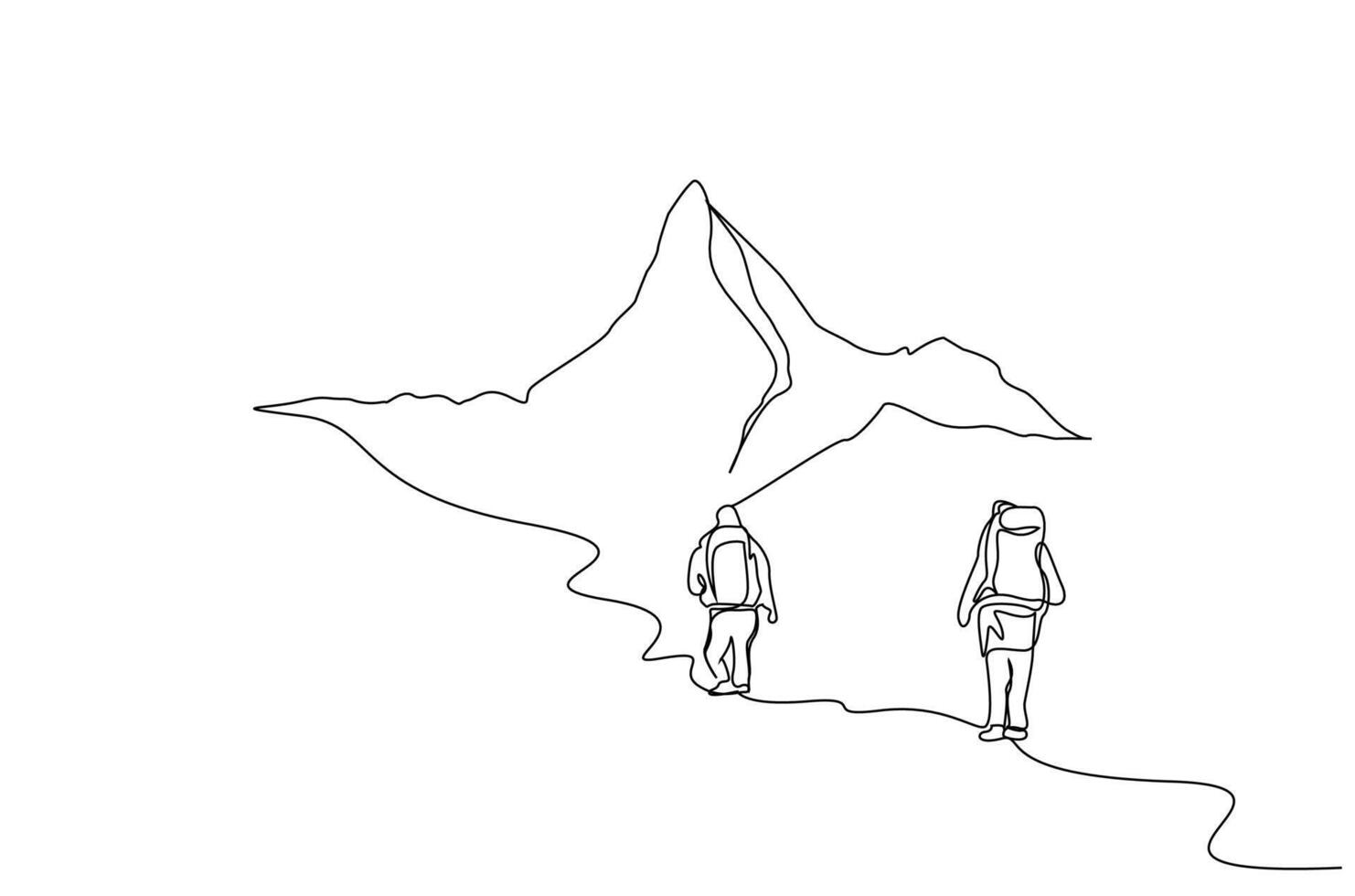 two people nature backpack walking hike trekking far away back rear behind lifestyle line art design vector