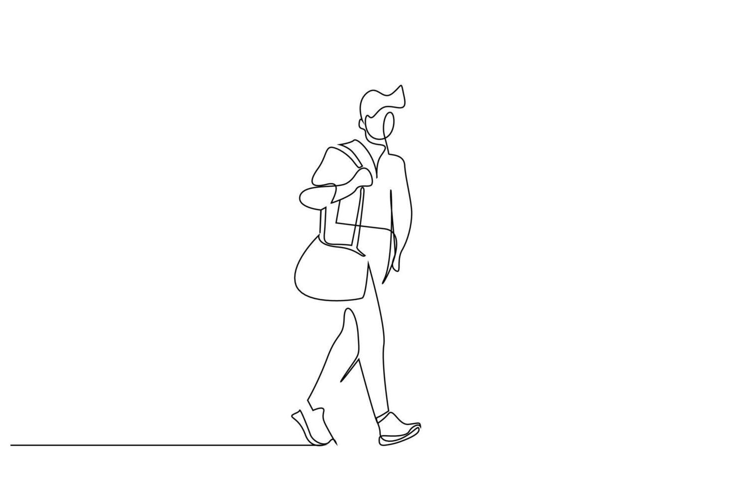young male athlete university student bag walking outside one line art design vector