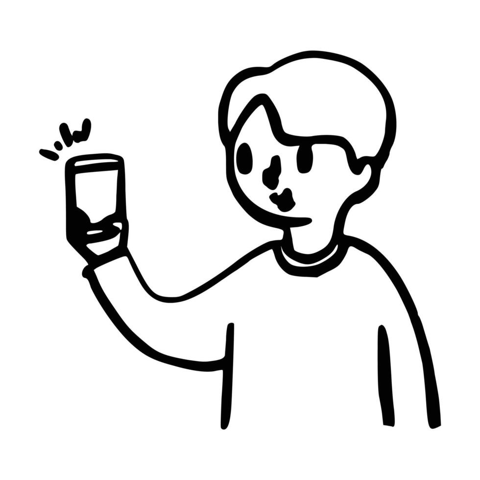 Doodle Man holding smartphone. Digital business illustration vector