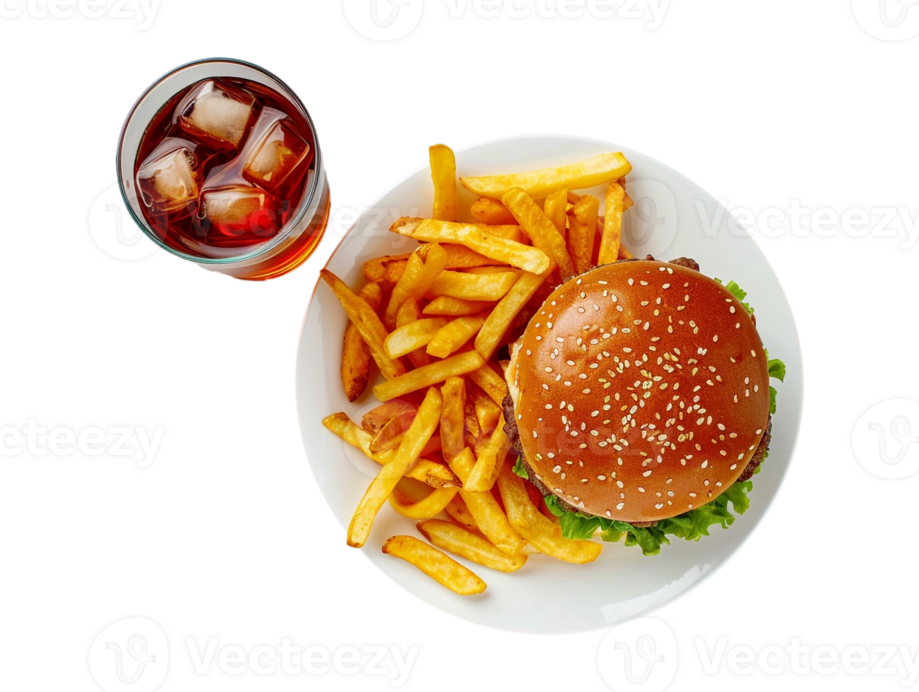 a hamburger and fries on a plate with a drink png