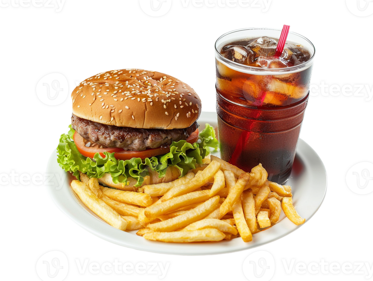 a hamburger and fries are on a plate with a drink png