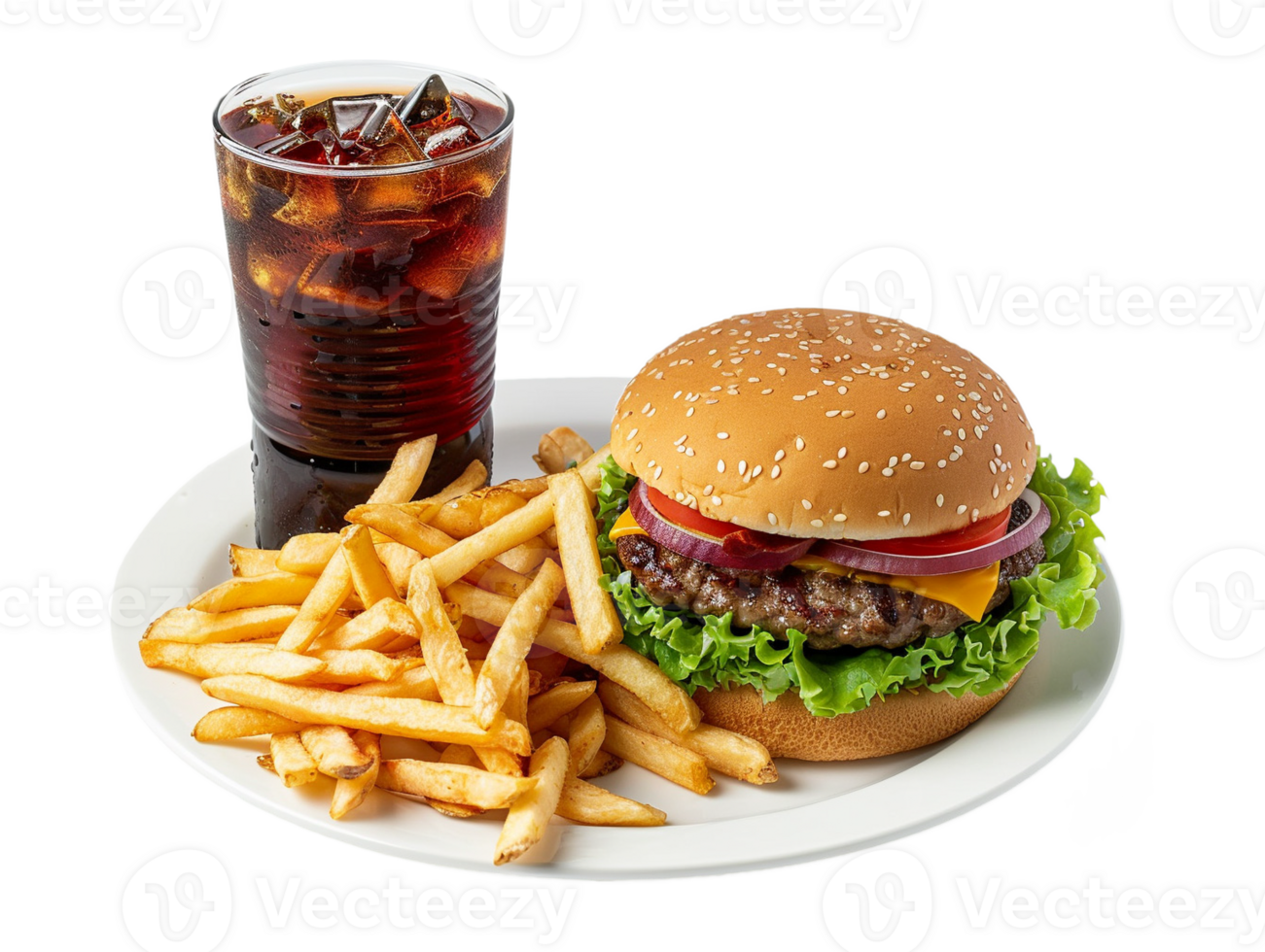 a hamburger and fries are on a plate with a drink png