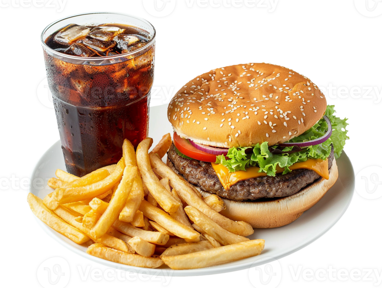 a hamburger and fries are served on a plate with a drink png