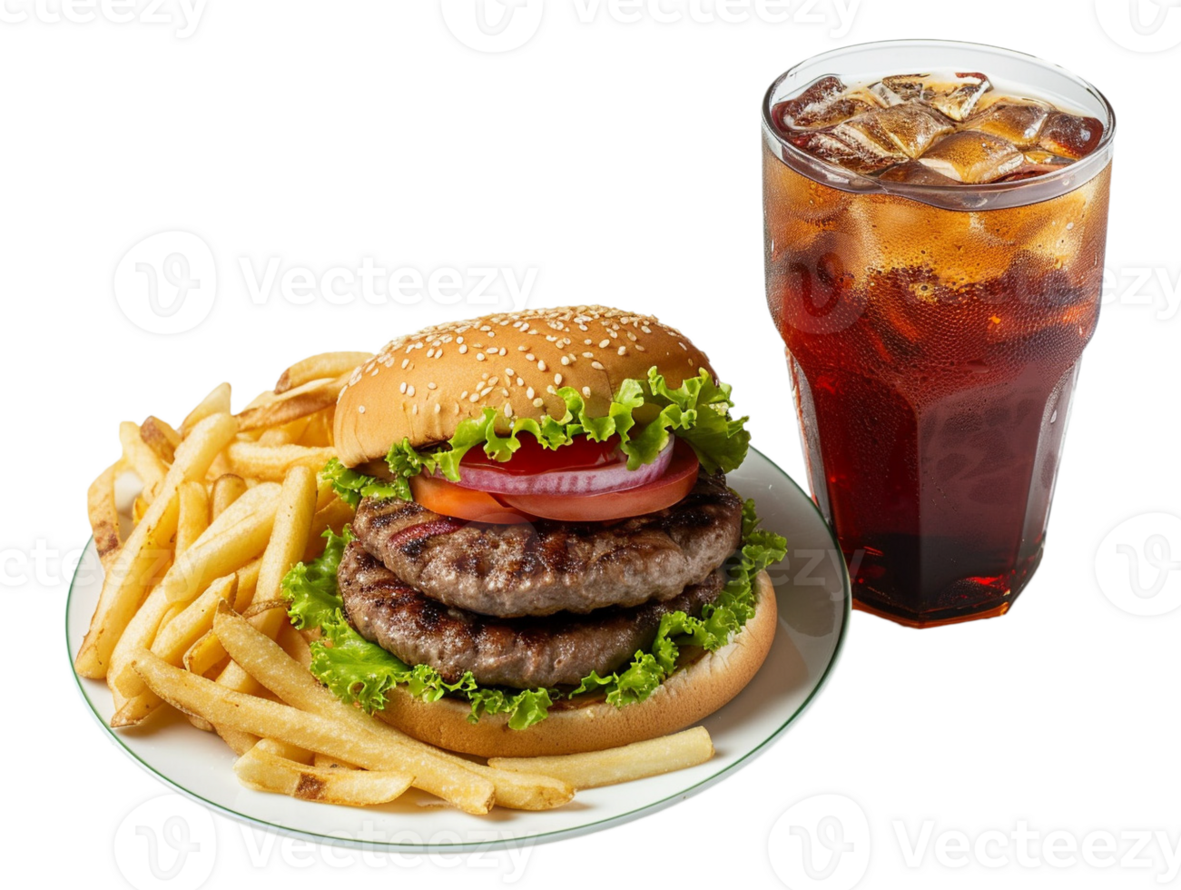 a hamburger and fries with a drink on a plate png