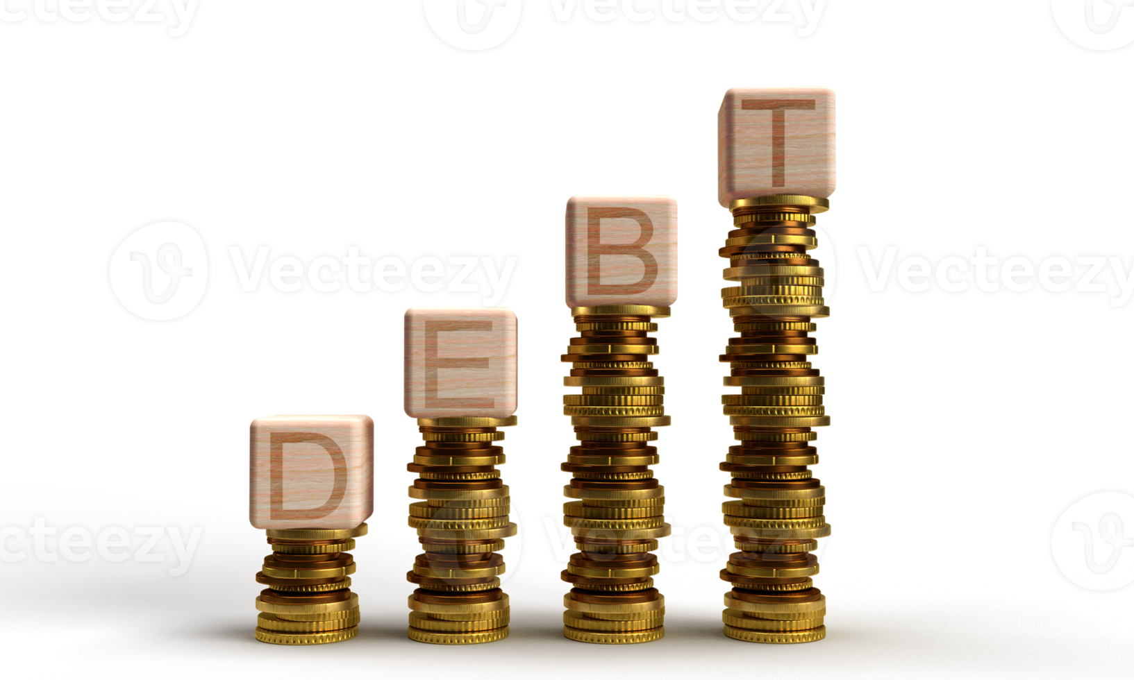 Wooden block cube square debt text font coin golden money wealth growth up business financial currency banking success dollar rich stack payment budget shiny stock market tax exchange dicut.3d render png