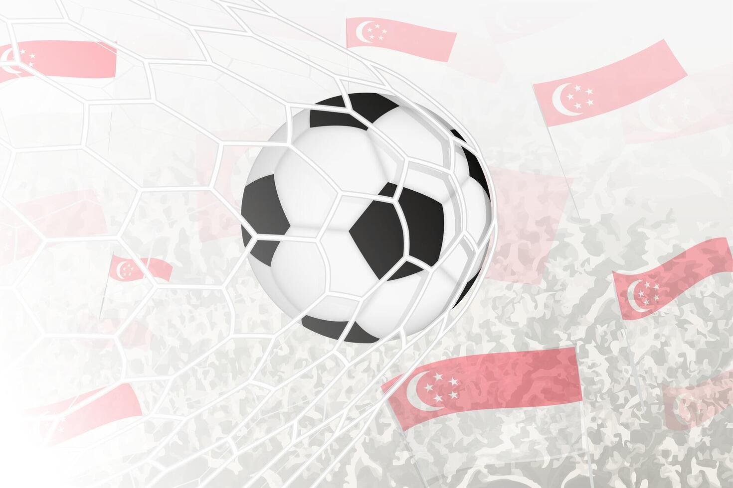 National Football team of Singapore scored goal. Ball in goal net, while football supporters are waving the Singapore flag in the background. vector