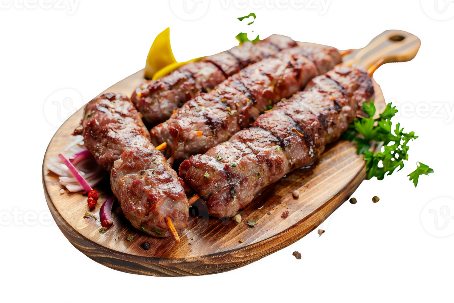 Grilled Kebabs on Wooden Board With Lemon and Parsley png