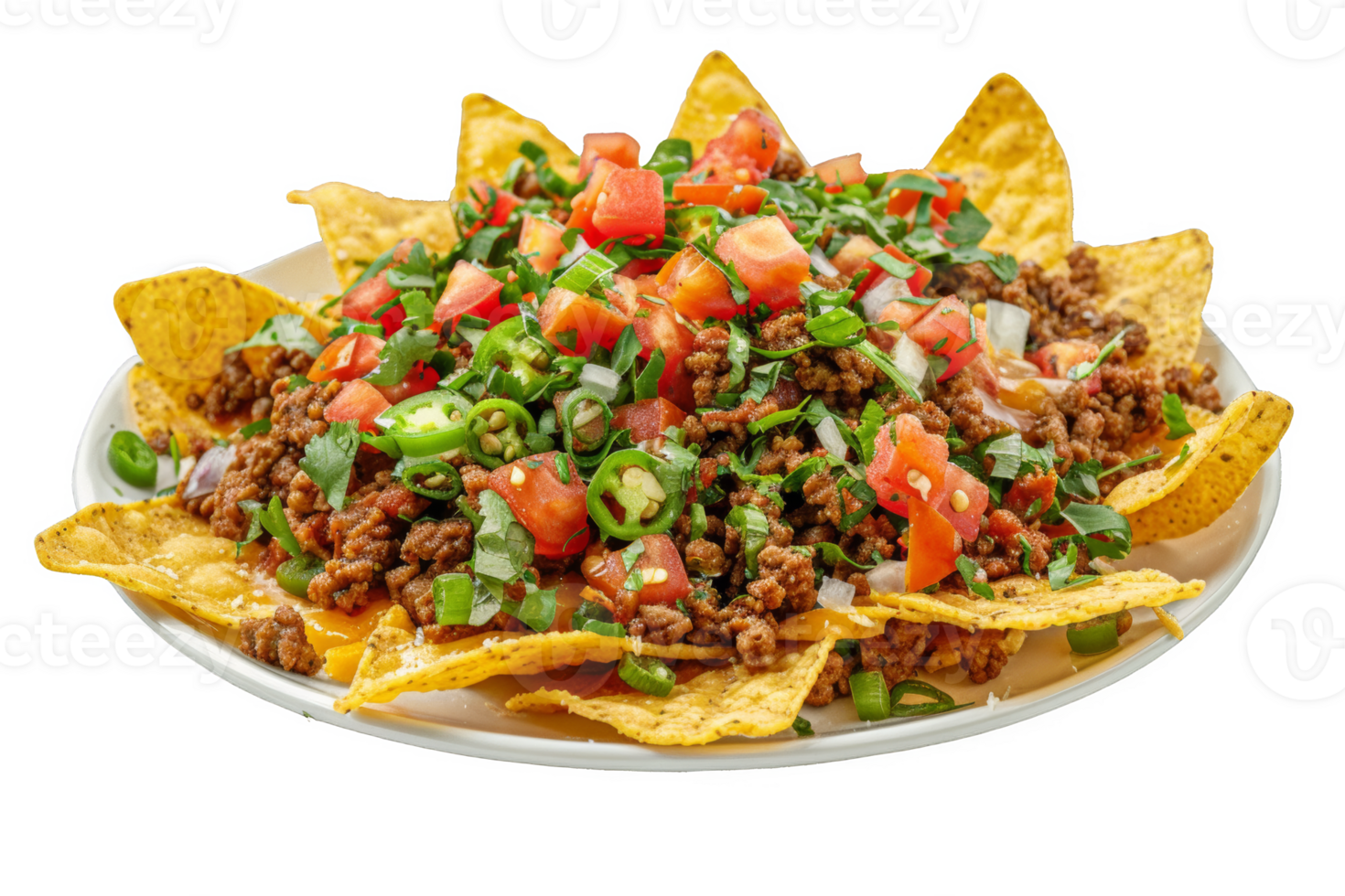 Plate of Nachos Topped With Ground Beef and Tomatoes png