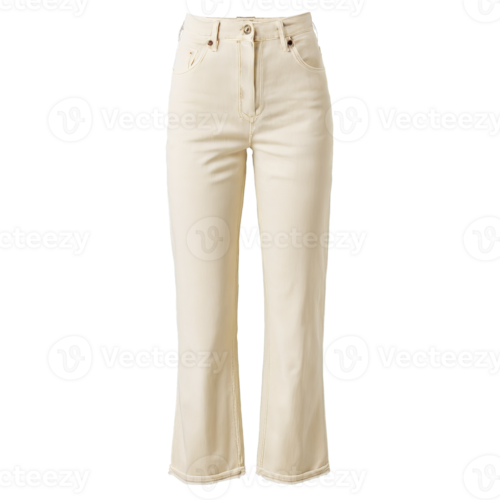 Trendy high waisted wide leg jeans in ecru with a raw hem and button fly png