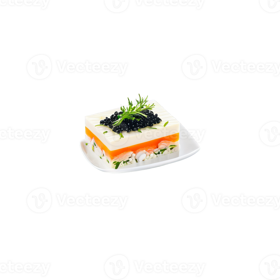 Seafood terrine layered mousse garnished with caviar and herbs photographed from the side png