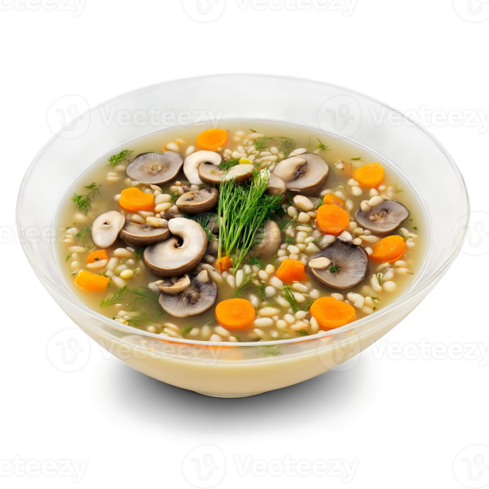 Mushroom barley soup a savory broth with sliced mushrooms pearl barley and diced vegetables garnished png