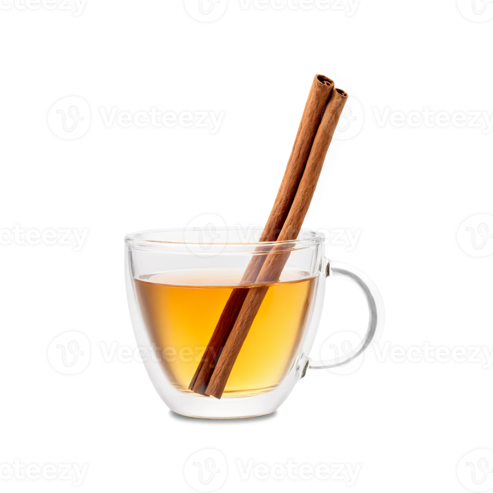 Cinnamon tea in a chic clear glass cup with steam and a cinnamon stick png