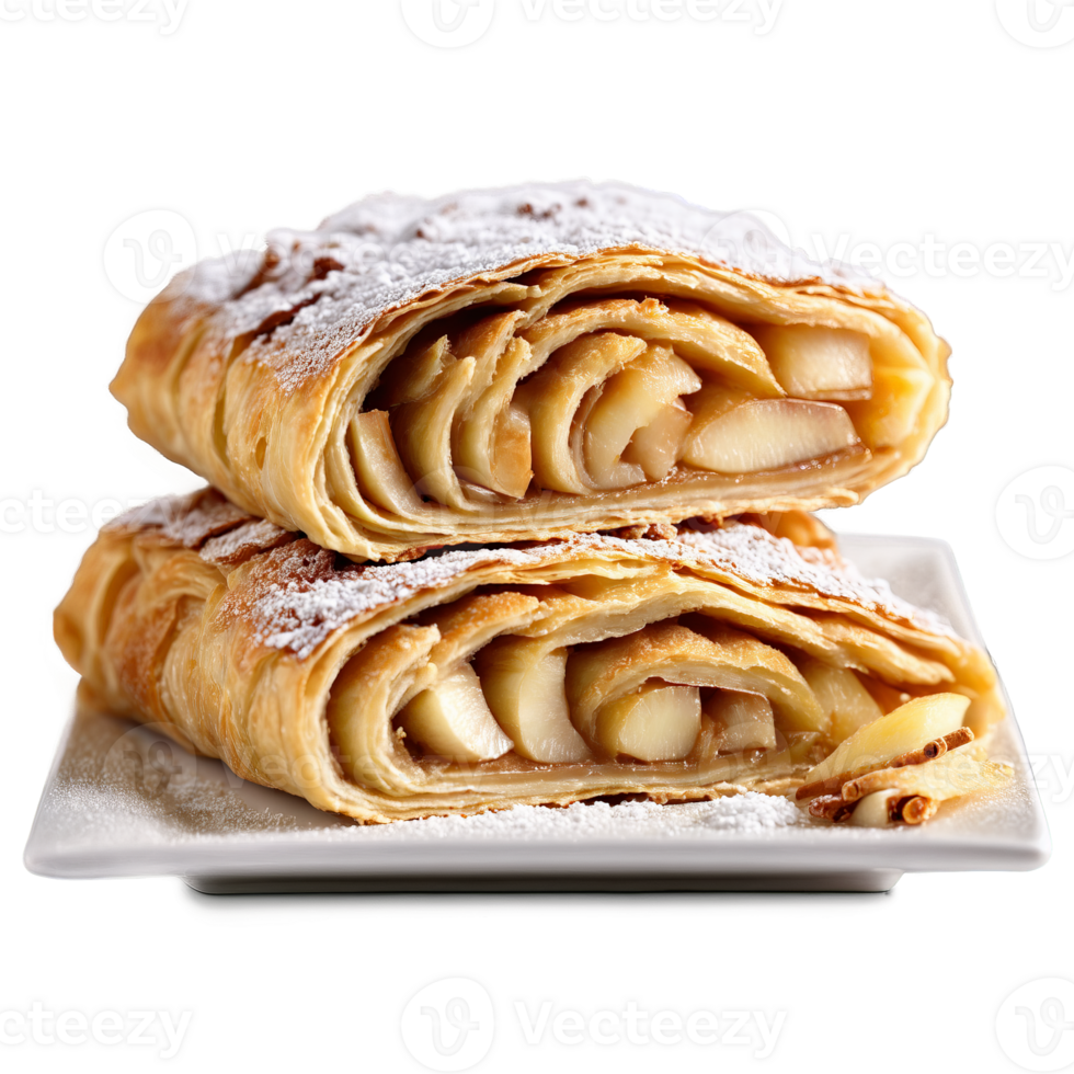 Apple strudel with thin pastry layers cinnamon spiced filling dusted with powdered sugar Culinary png