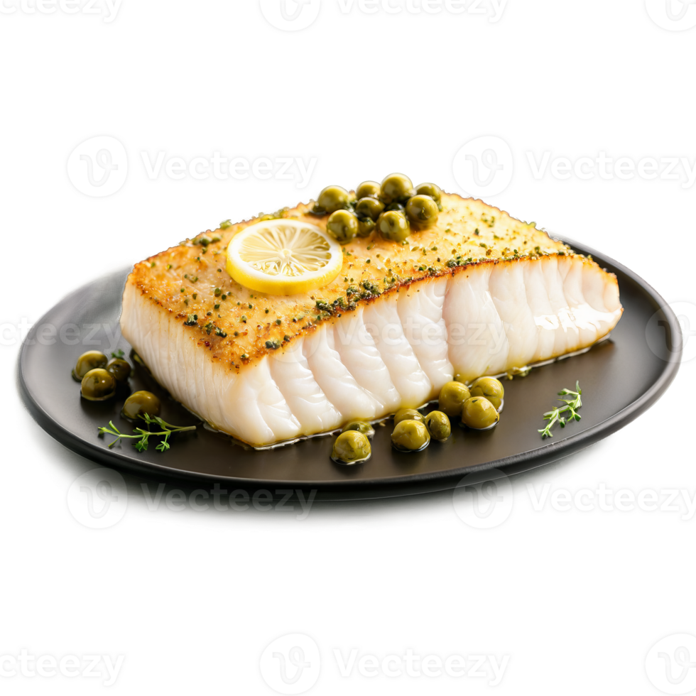 Halibut fillet pan seared with a golden crust and a moist flaky interior topped with png