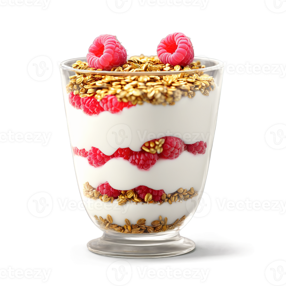 Breakfast yogurt parfait with layers of Greek yogurt granola and fresh raspberries png