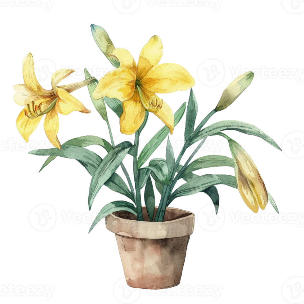 A watercolor illustration of an Alcatraz lily in a pot png