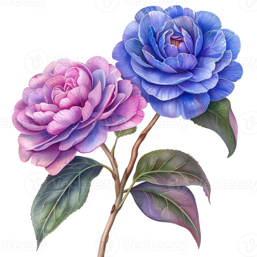 Watercolor and pastel flowers of two violet camellias with pink and purple petals and a long stem of leaves png