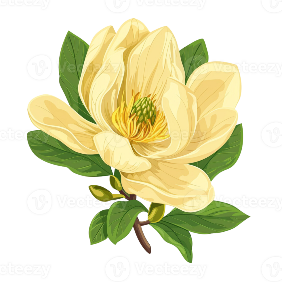 yellow magnolia flower with green leaves, in the style of clip art png