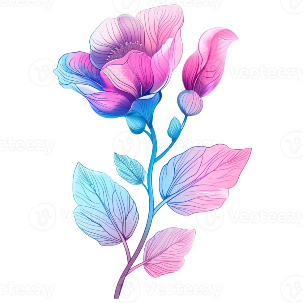 A bouquet of flowers in the style of digital illustration, featuring pink and blue gradient colors png