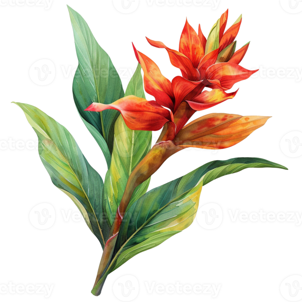 magnifique Célibataire épanouissement tropical fleur, clipart vinyle décalcomanie, dans teintes de rouge et Orange avec vert feuilles png