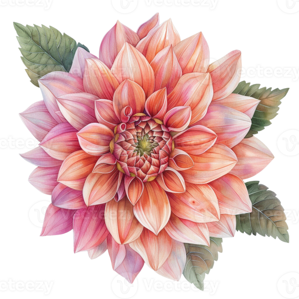 watercolor beautiful pink and orange dahlia flower with leaves png