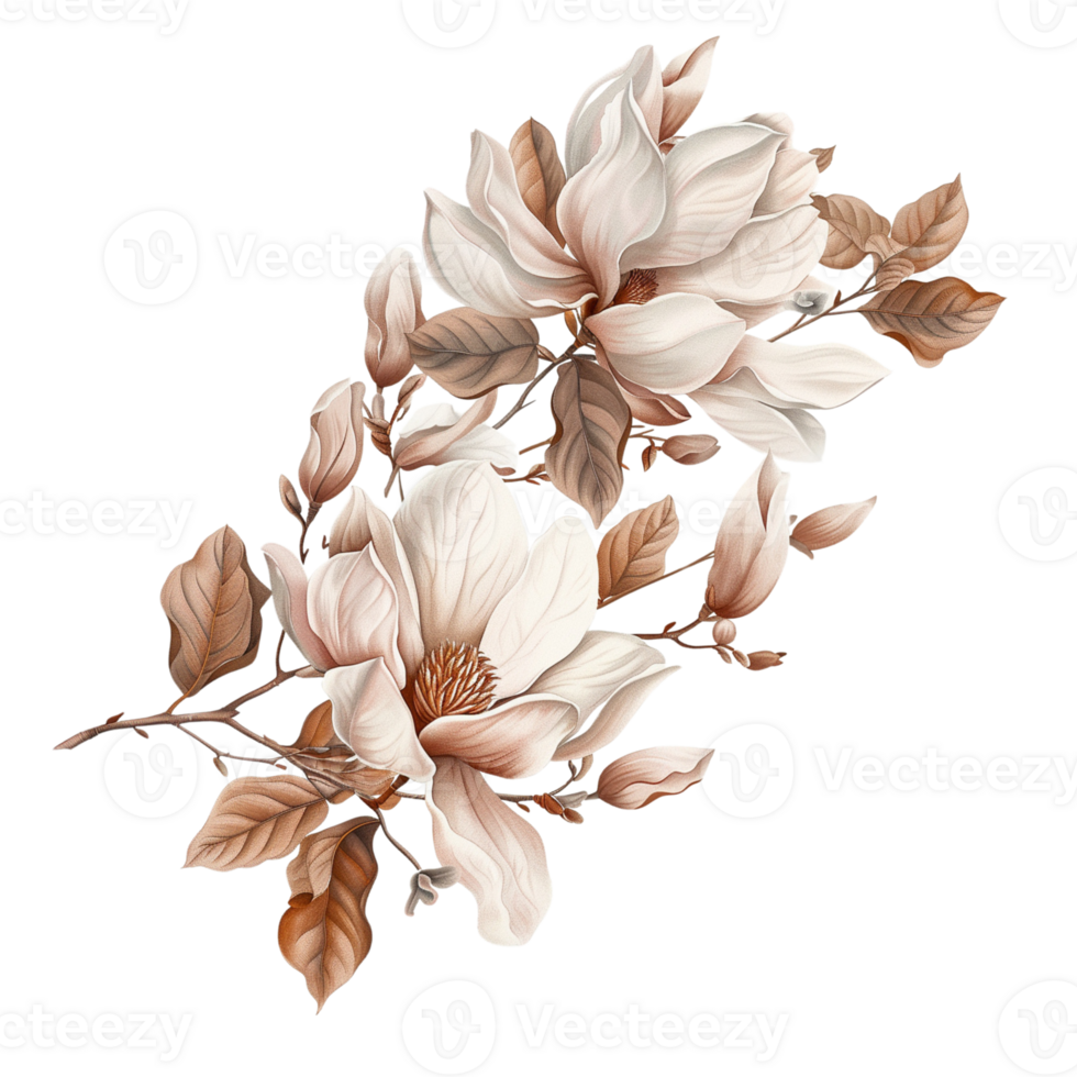 magnolia flowers, leaves and vines in soft muted colors png