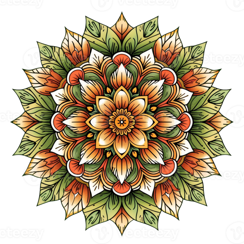 A mandala with large, bright orange and green flowers png