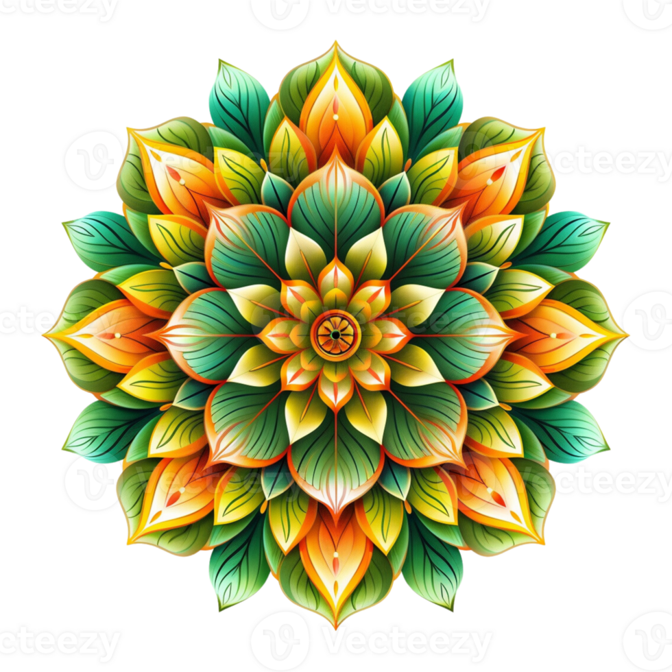 A colorful mandala with green, orange and yellow colors png