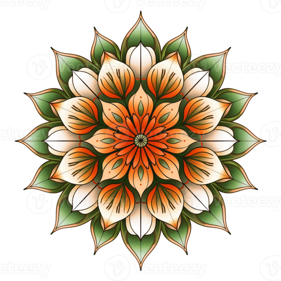 une mandala conception avec un Orange et vert fleur, symétrique png