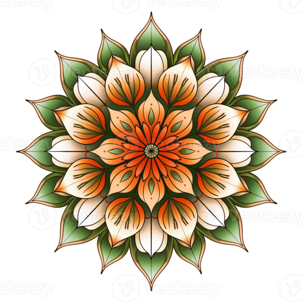 A mandala design with an orange and green flower, symmetrical png