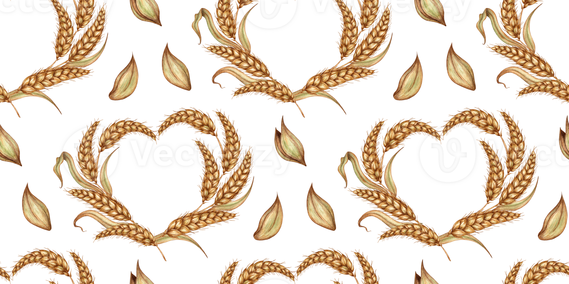 Watercolor illustration of a heart pattern made of golden ripe ears of wheat and grain. Wheat cobs isolated from background. For menus, banners, poster printing, recipes, labels, packaging design. png