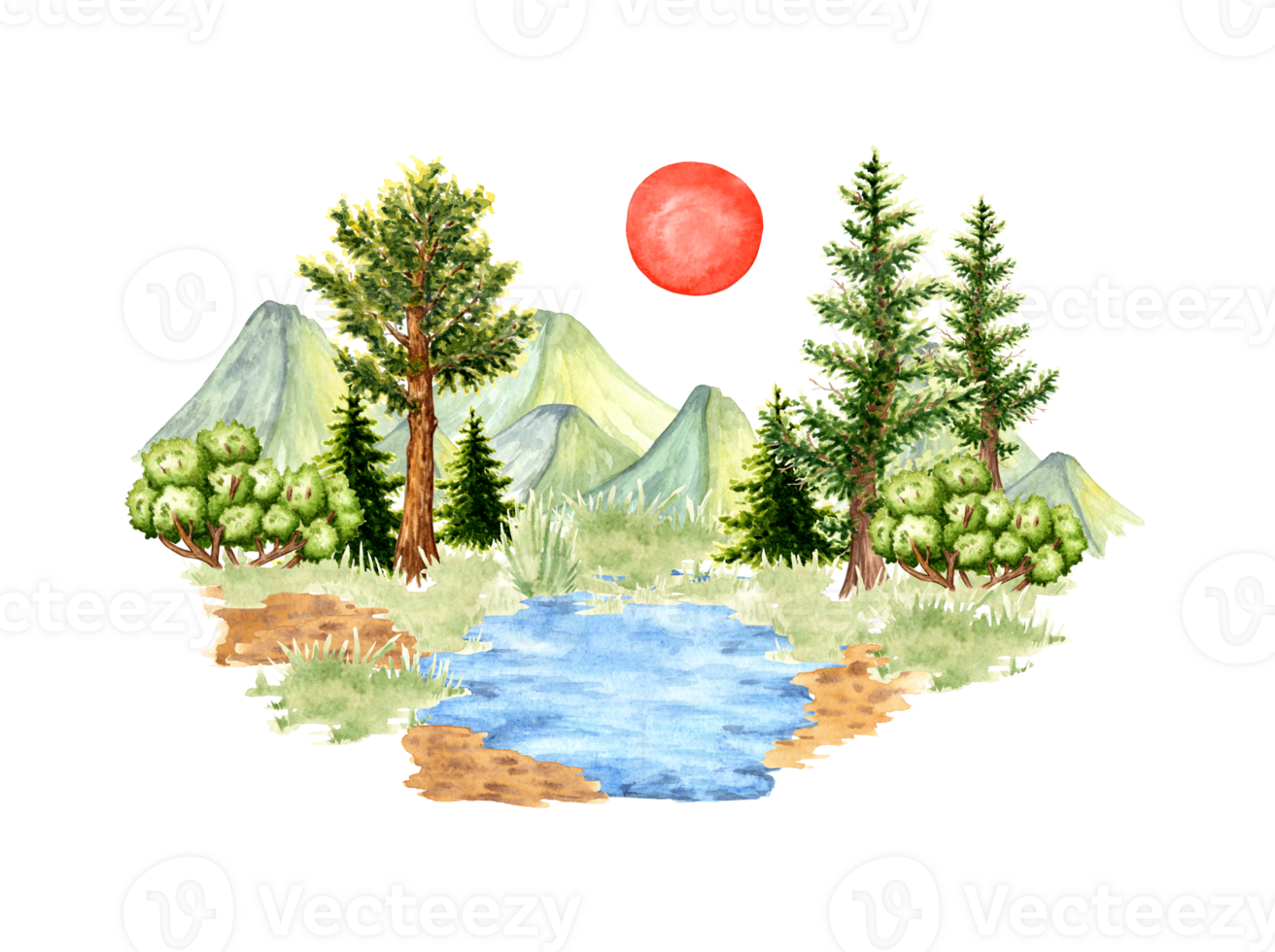 Watercolor illustration of natural landscape. Forest wildlife scene with green grass, mountain ranges, lake and sun. Create design compositions on the theme of tourism, travel, outdoor recreation. png