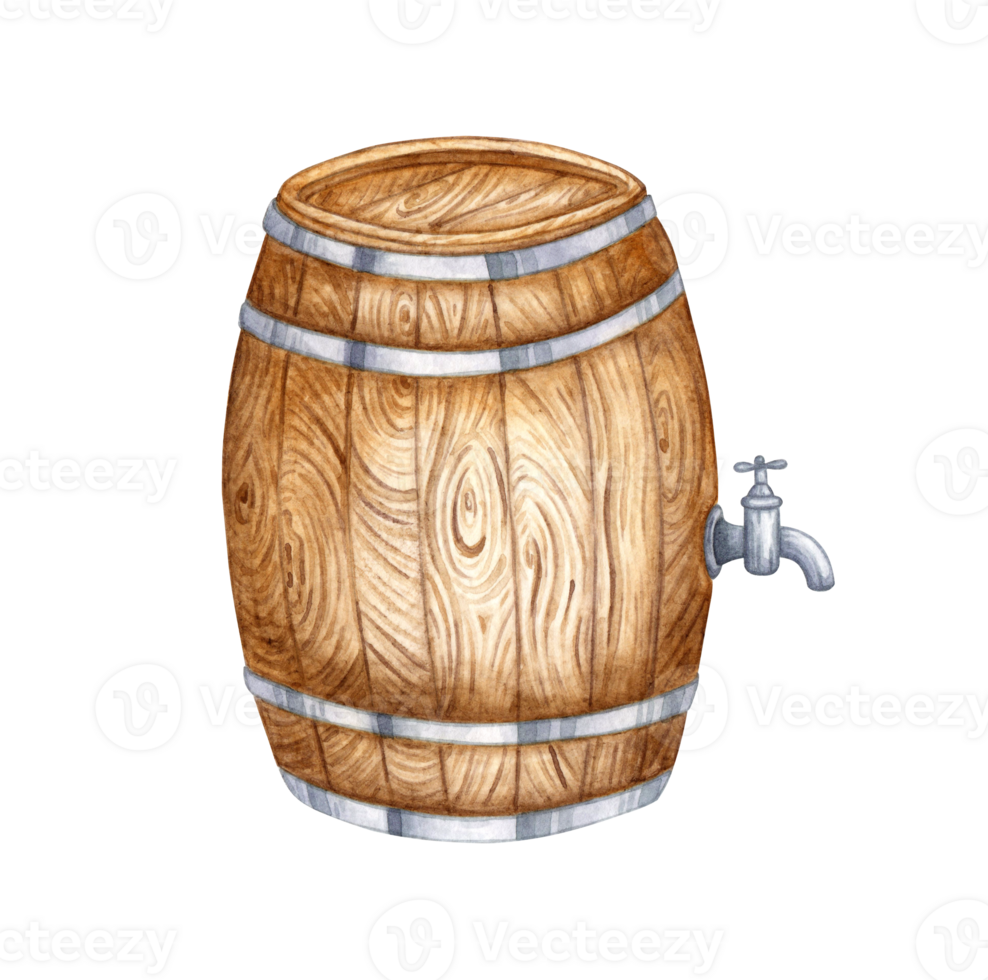 Watercolor illustration of a wooden barrel with a tap for beer, wine, cognac, rum, brandy and other alcoholic drinks. Isolated from background. Suitable for interior design, menus, product packaging png