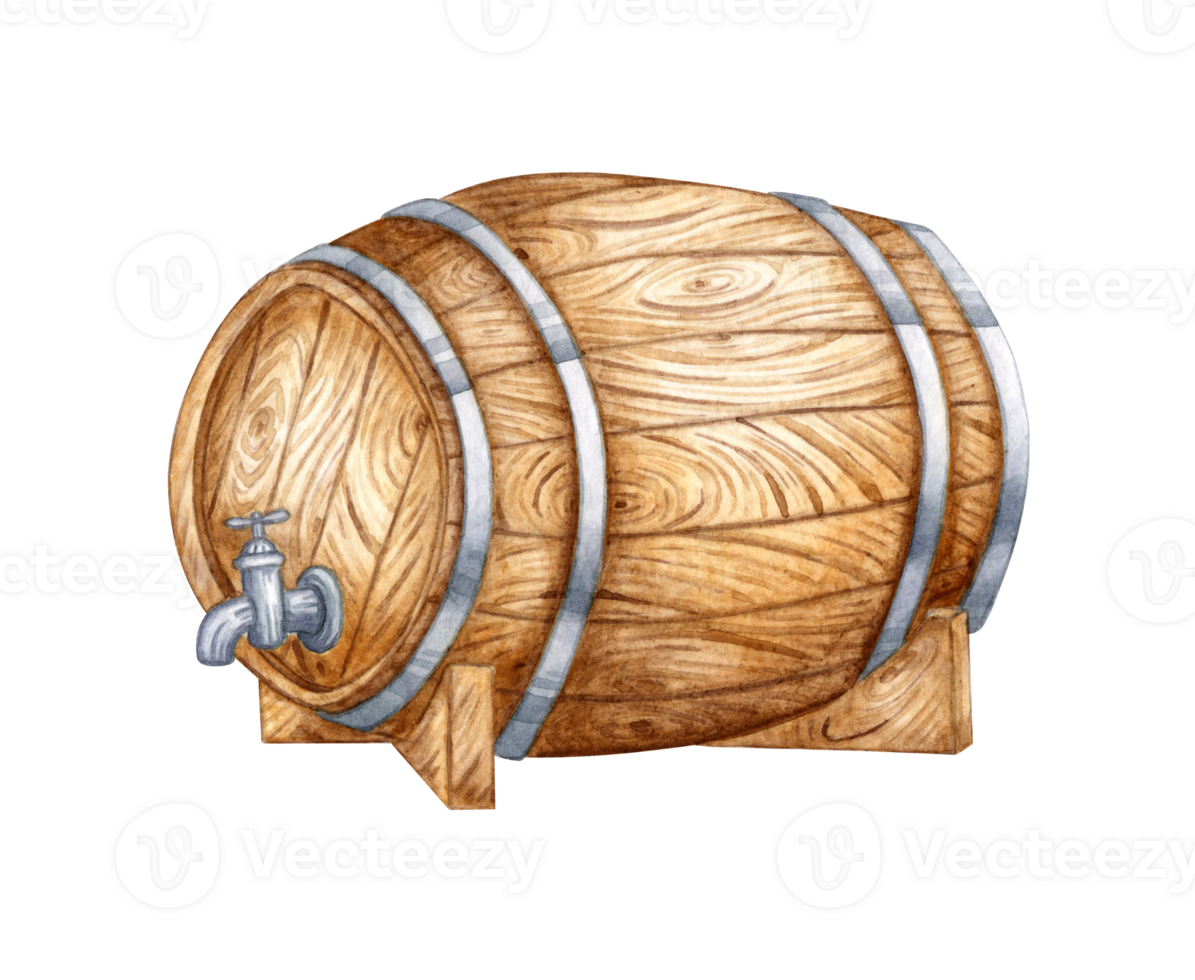 Watercolor illustration of a wooden barrel with a tap standing on its side for beer, wine, cognac, rum, brandy and other alcoholic drinks. Isolated from the background. Suitable for interior design, png