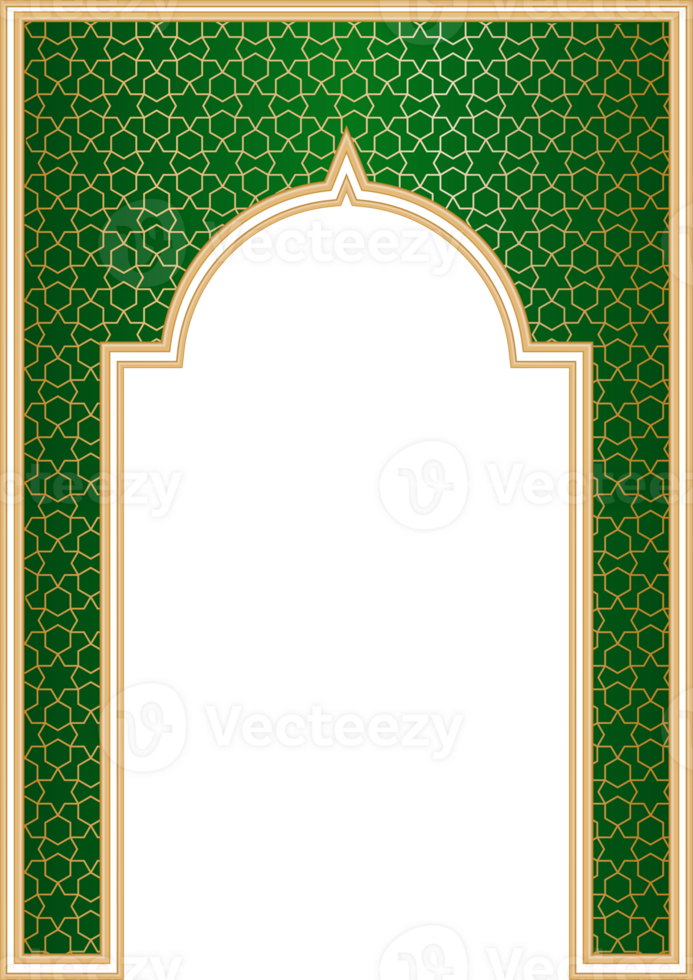 Ramadan Islamic arch frame with ornament. Muslim traditional door illustration for wedding invitation post and templates. Golden and green frame in oriental style. Persian windows shape png