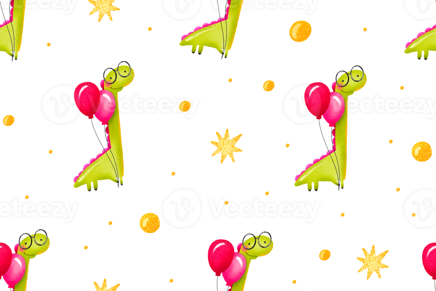 Seamless background with green cartoon dinosaur with glasses and pink balloons celebrating birthday. Hand drawn holiday illustration on isolated background png