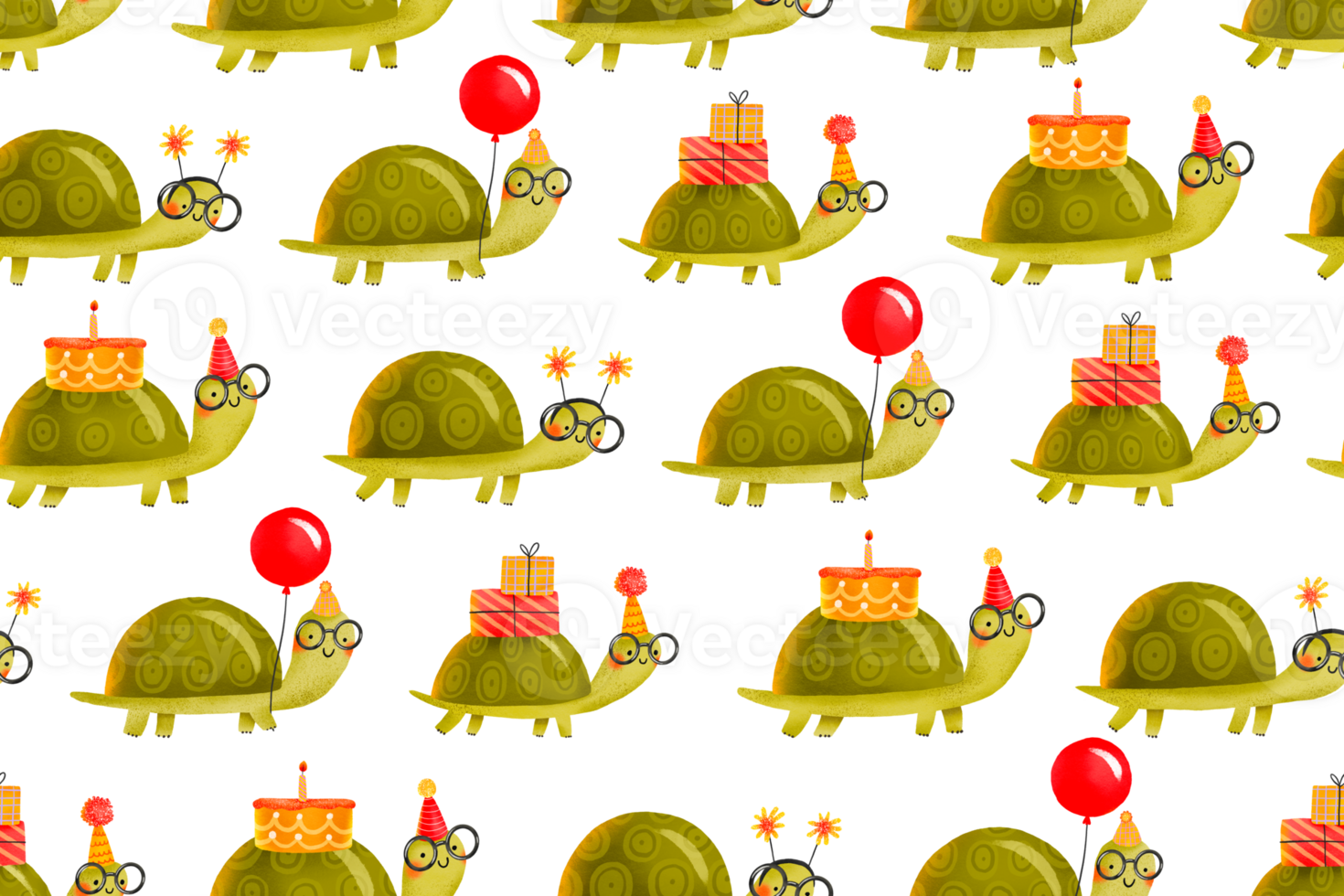 naadloos patroon met grappig tekenfilm schildpadden vieren verjaardag. gelukkig verjaardag. achtergrond. hand- getrokken vakantie illustratie Aan geïsoleerd achtergrond png