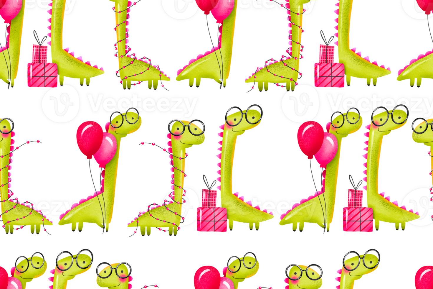 Seamless background with green cartoon dinosaurs celebrating birthday. Hand drawn holiday illustration on isolated background png