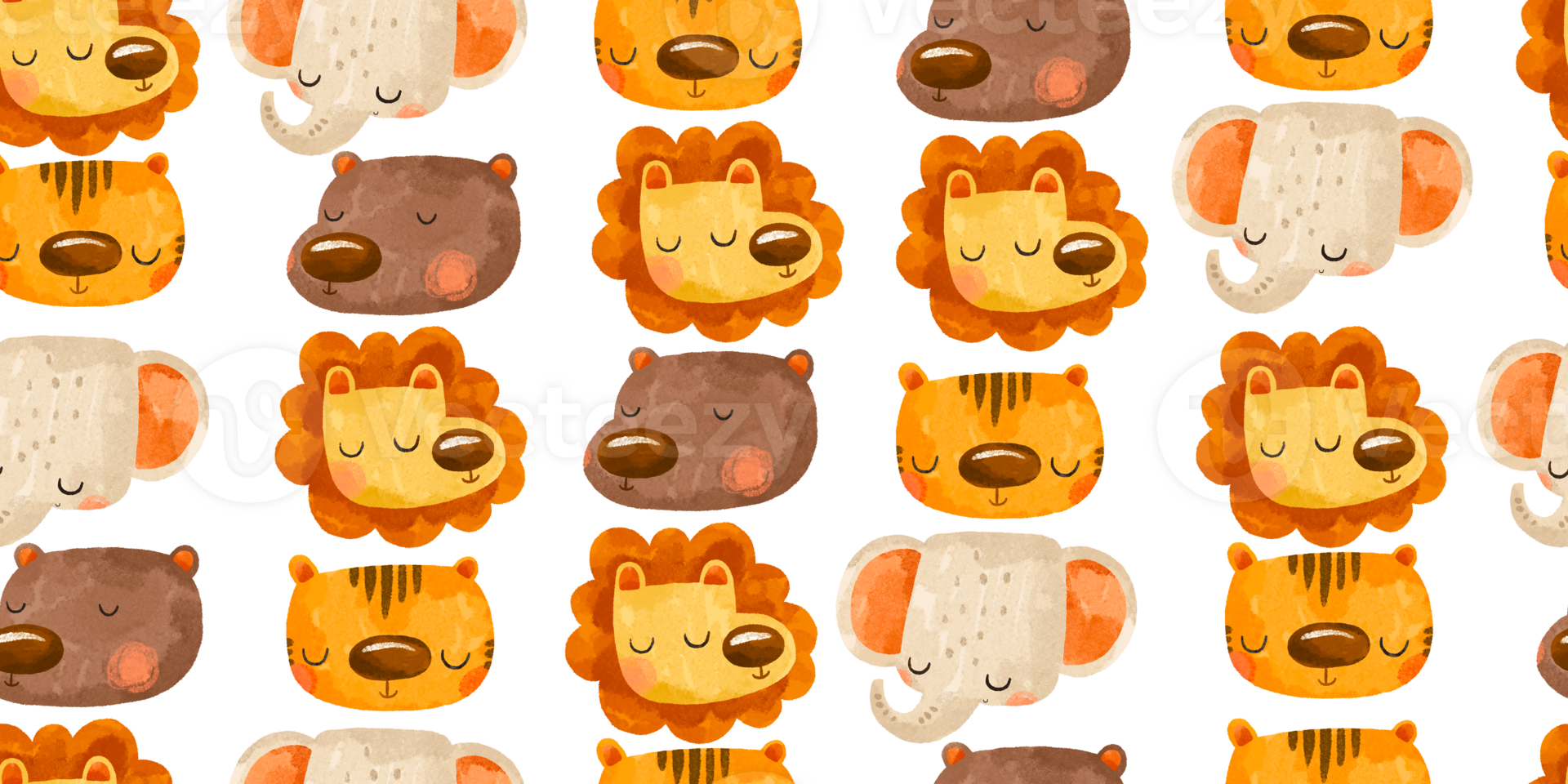 Seamless background of animal portraits. Cute face of wild animals. Elephant bear lion and tiger. Cute baby pattern on isolated background png