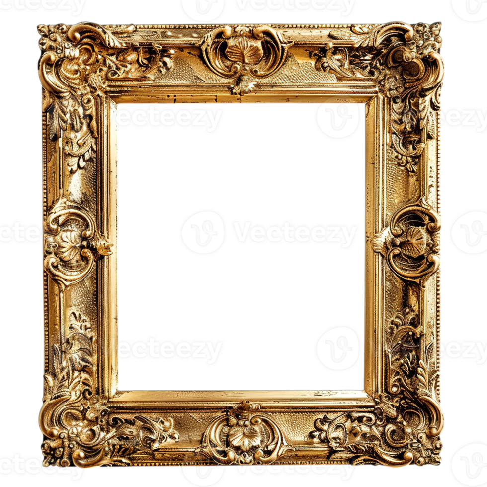 Rectangular gold frame, baroque luxury, carved details, vintage golden frame, isolated on transparent background png