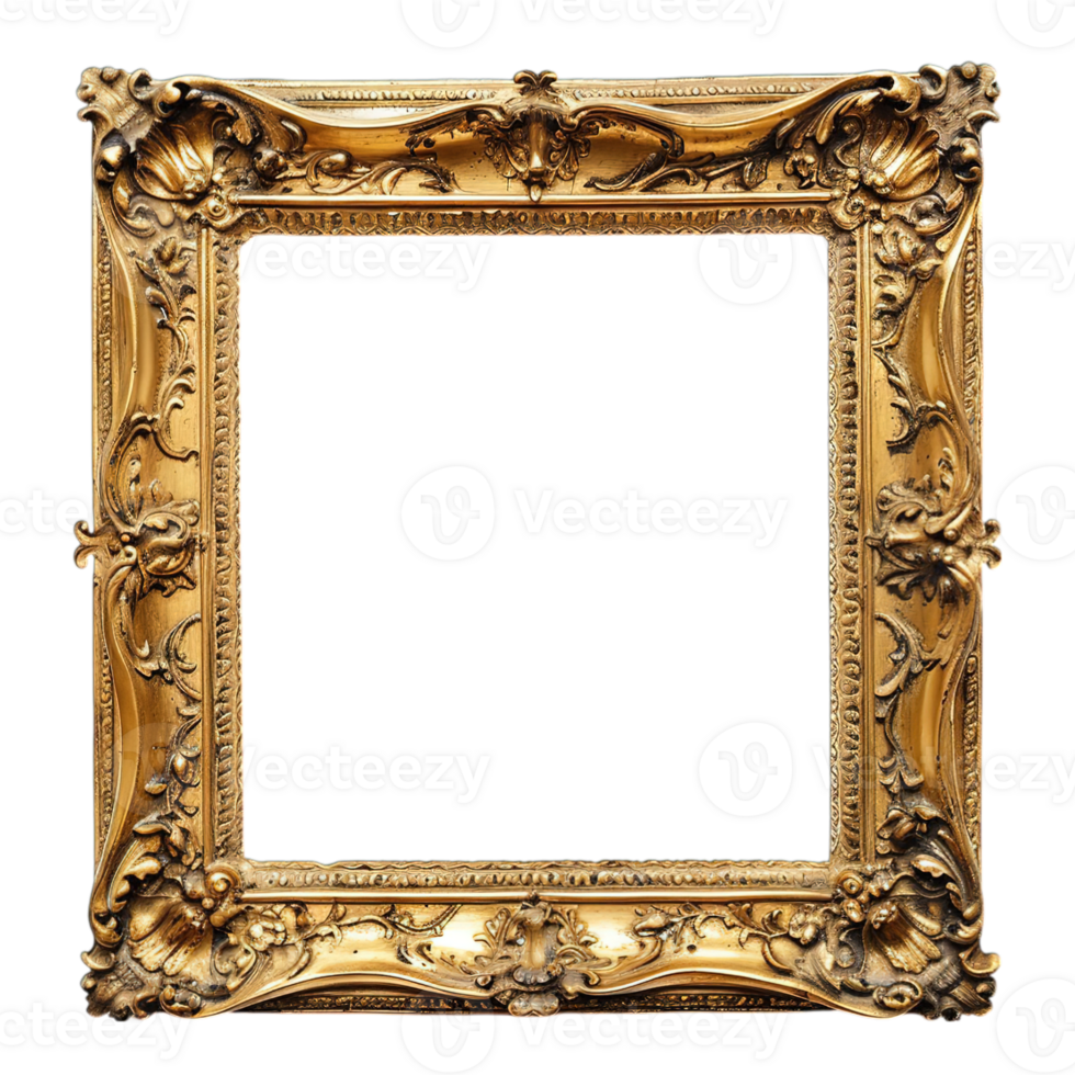 Rectangular gold frame, baroque luxury, carved details, vintage golden frame, isolated on transparent background png