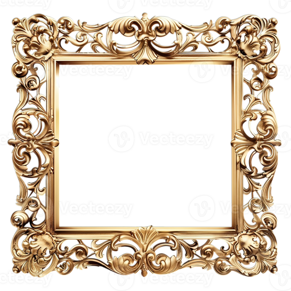 Rectangular gold frame, baroque luxury, carved details, vintage golden frame, isolated on transparent background png