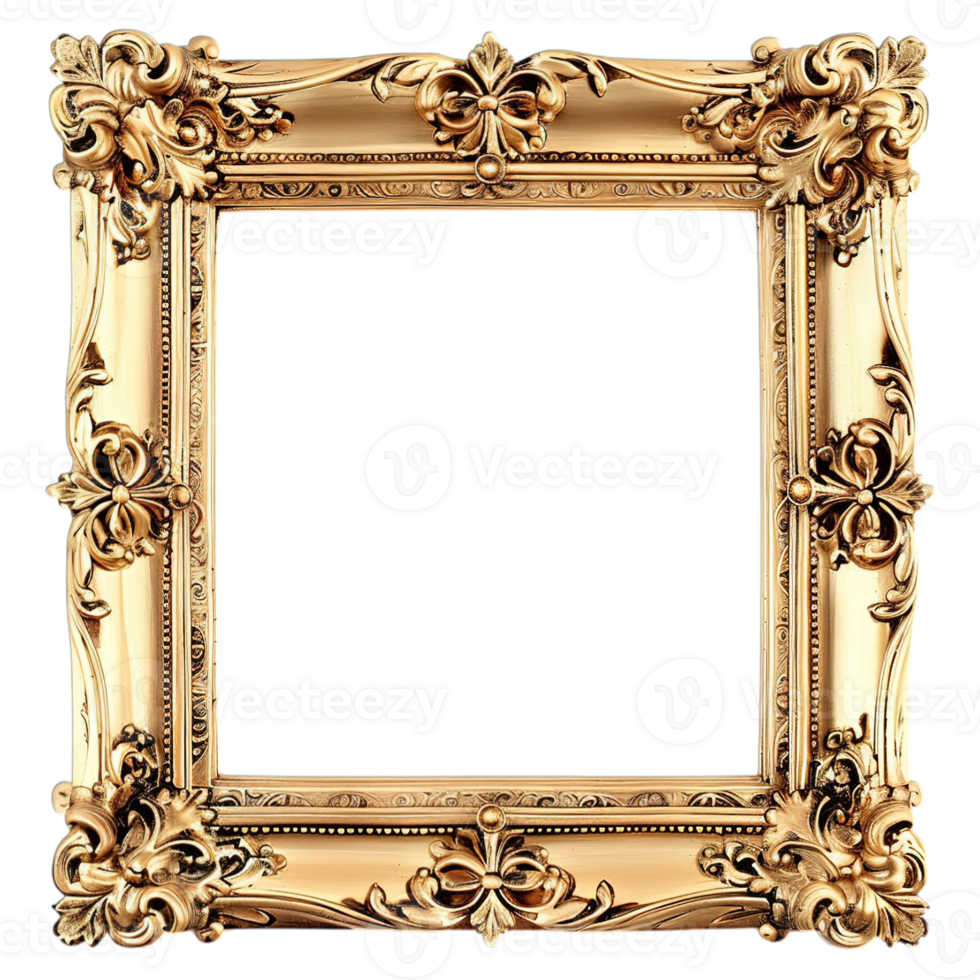 Rectangular gold frame, baroque luxury, carved details, vintage golden frame, isolated on transparent background png