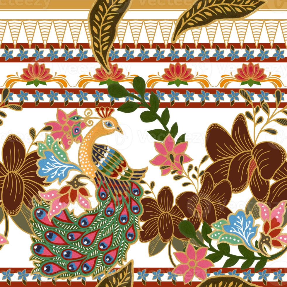 Golden line batik saree sarong flower and peacock png