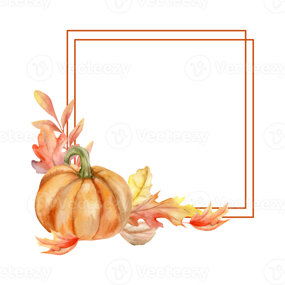 laranja abóbora com outono colorida folhas quadrado quadro. acolhedor outono floral bandeira para convite, cumprimento cartão, rótulo Projeto. colheita estação decoração modelo png