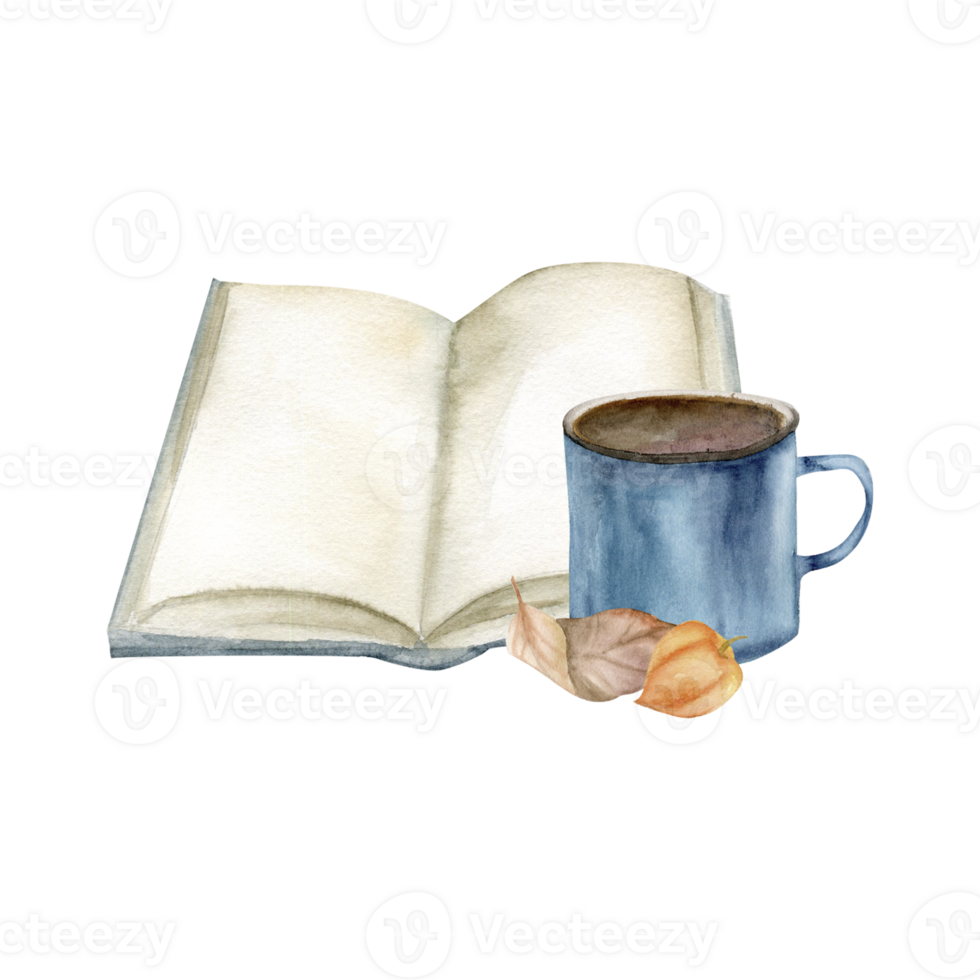 Opened book with blue metal cup of coffee and leaves watercolor composition. Hand drawn cozy fall clip art for home, harvest season, thanksgiving greeting card design png