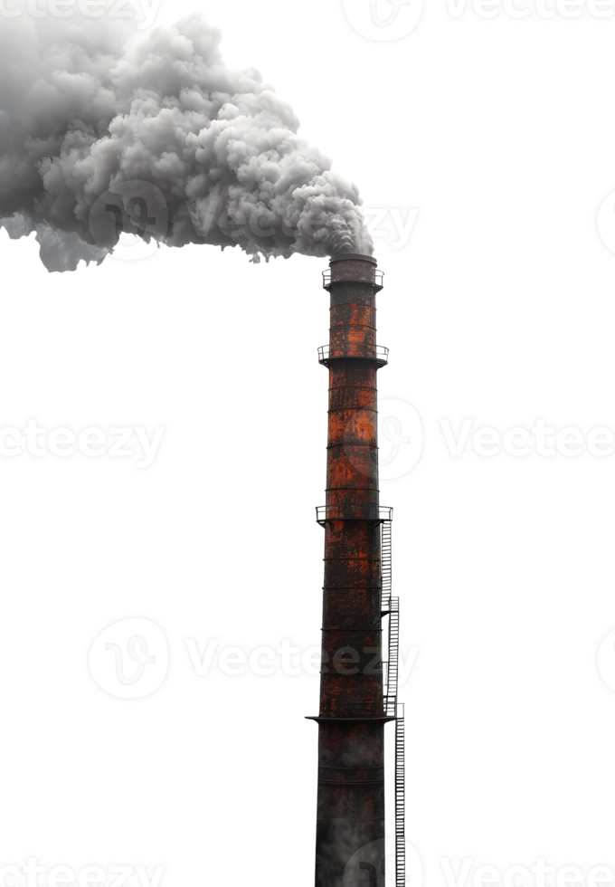 There is smoke coming from a tall old factory chimney with ladders. Transparent isolated background png