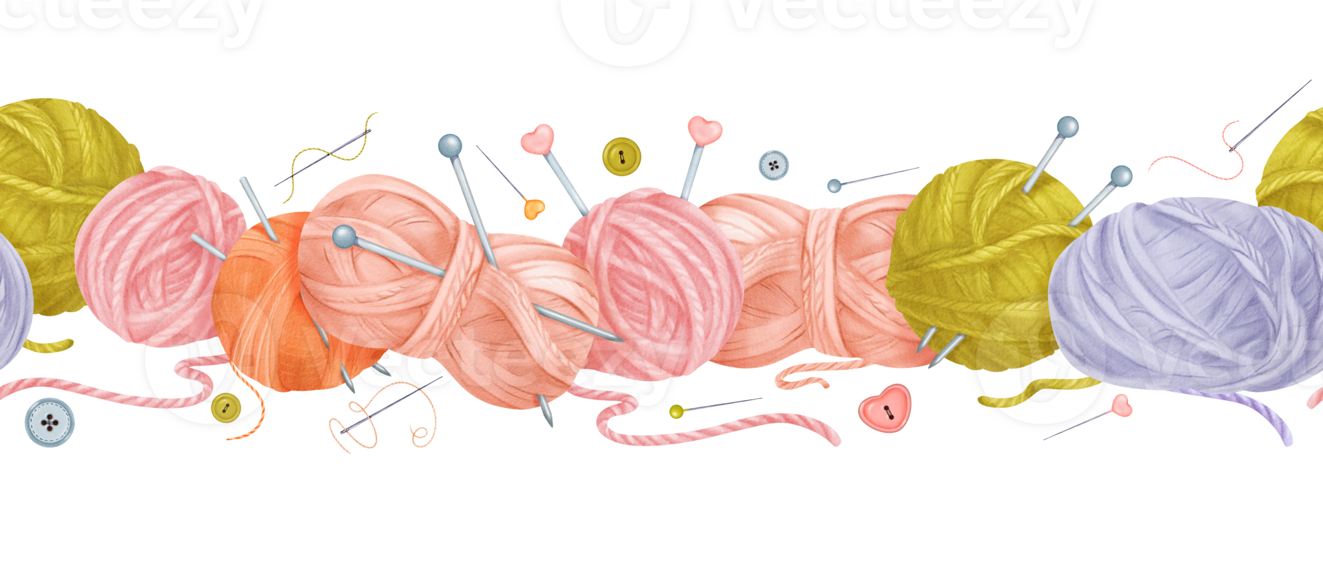 Seamless border featuring wool skeins needles threads buttons cotton flower, knitting needles, and pins. for crafting enthusiasts, knitting websites, or DIY-themed projects. Watercolor illustration. png