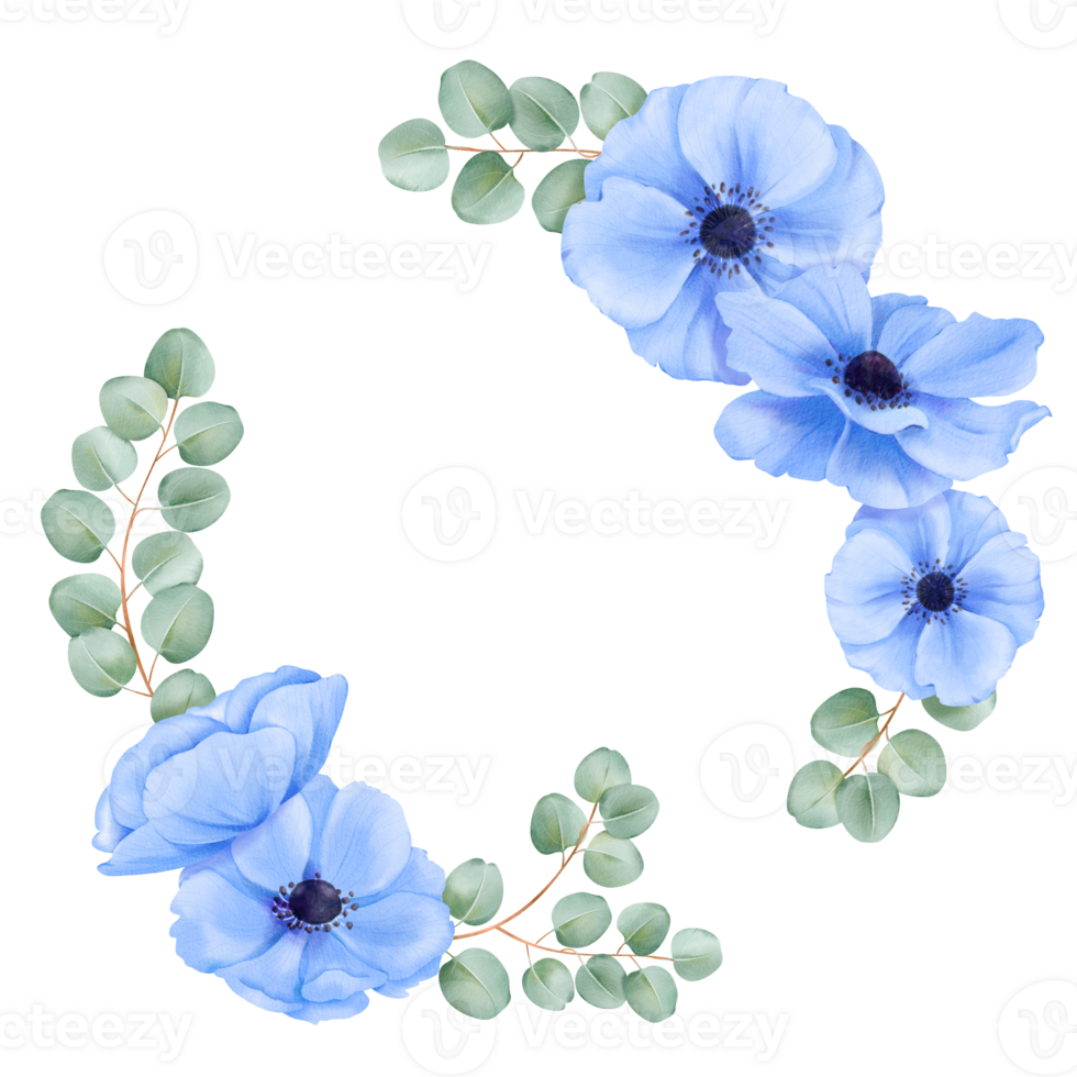 An elegant circular frame composed of blue anemones and graceful eucalyptus branches. for adding sophistication invitations, greeting cards, posters and social media graphics png