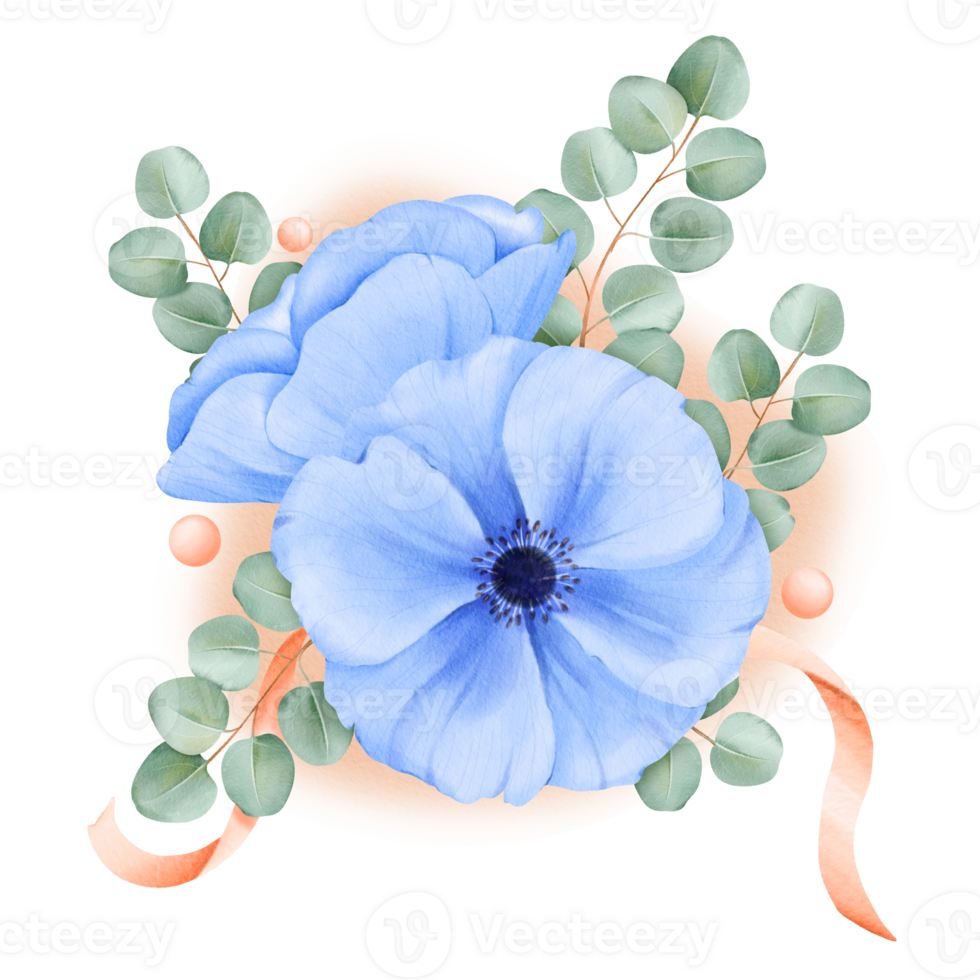 A watercolor arrangement blue anemones and eucalyptus leaves, enhanced with satin ribbons and rhinestones. for elevating wedding invitations, floral branding, digital backgrounds and creative projects png